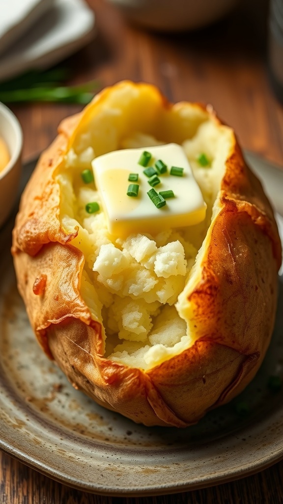 A baked potato with butter and chives on a rustic plate.
